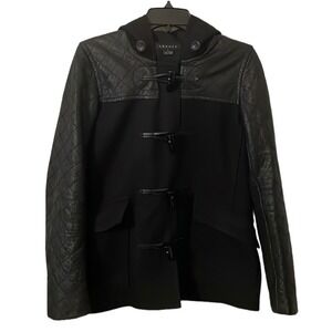 Theory Women's Black Marimba Raw Edge Wool‎ Lamb Leather Hooded Coat Size SP